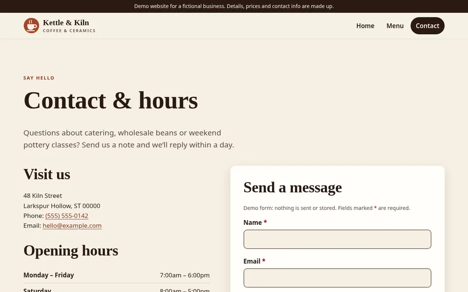 Contact page on desktop, with the address, hours and a contact form