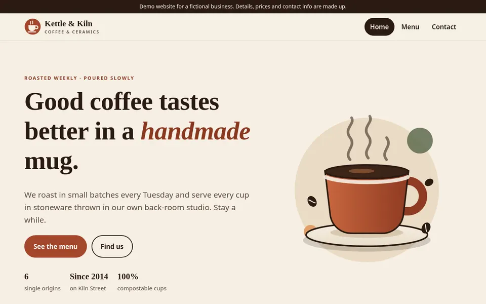 Kettle & Kiln home page on a desktop screen, with a hero heading, opening hours and menu highlights
