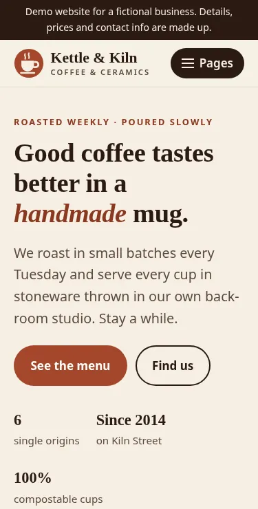 Kettle & Kiln home page on a phone, with the heading and buttons stacked